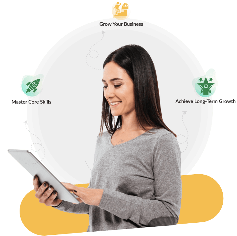 Person holding a tablet with the text 'Grow your business, master core skills, achieve long-term goals,' highlighting growth and learning.