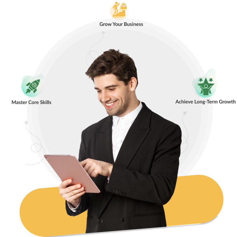 Person holding a tablet with the text 'Grow your business, master core skills, achieve long-term goals,' highlighting growth and learning.