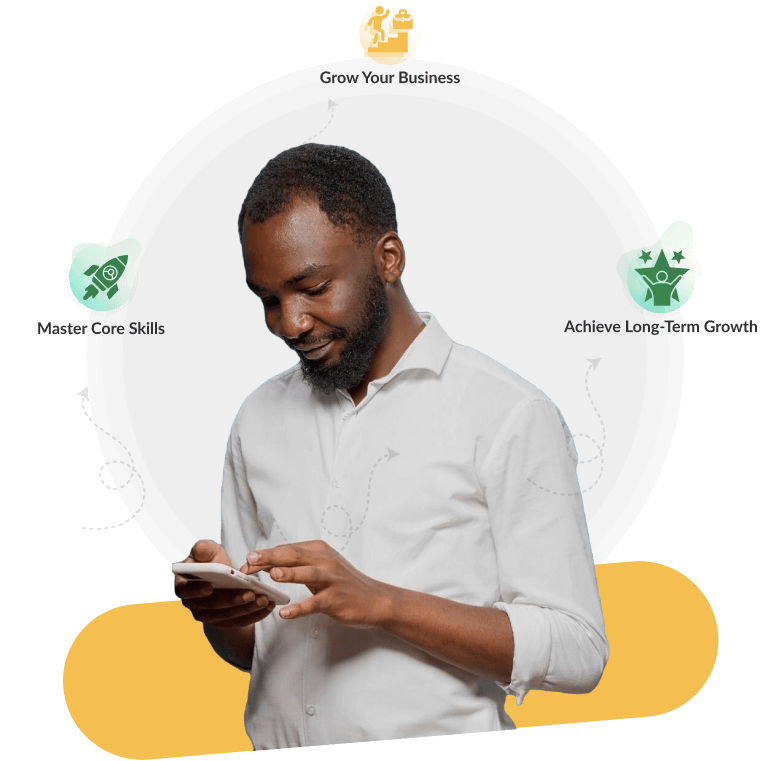 Person holding a tablet with the text 'Grow your business, master core skills, achieve long-term goals,' highlighting growth and learning.